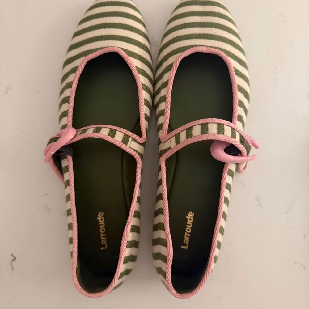 Larroude Olive and Pink Striped Flats